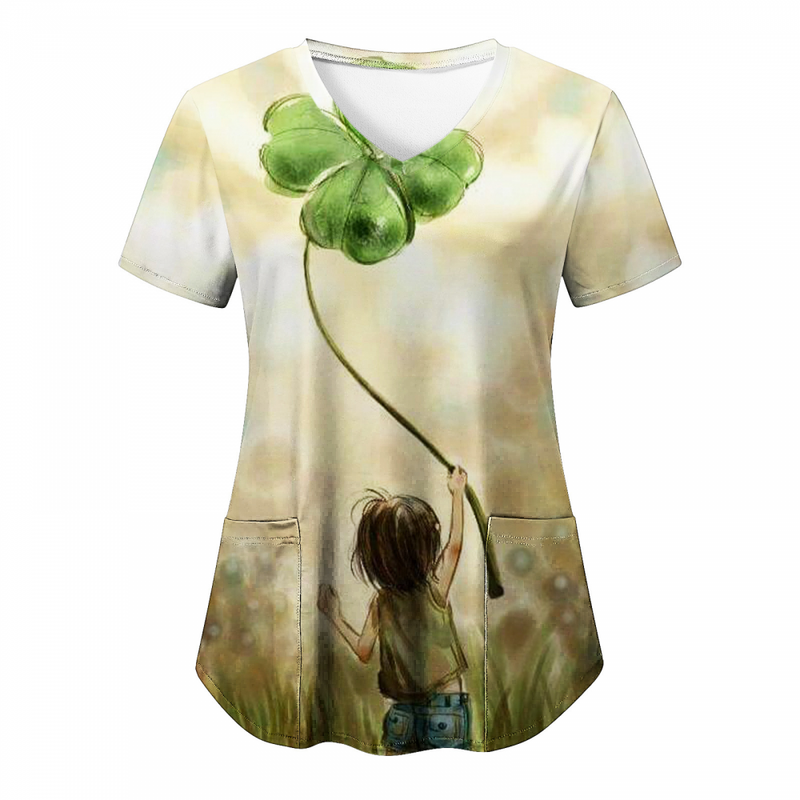 St.Patrick's Day Scrub Tops Casual Shamrock Summer T Shirt with Pocket