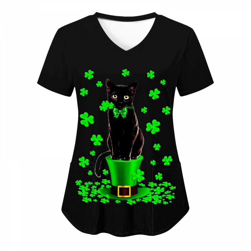 St.Patrick's Day Scrub Tops Casual V Neck Shamrock T Shirt with Pocket