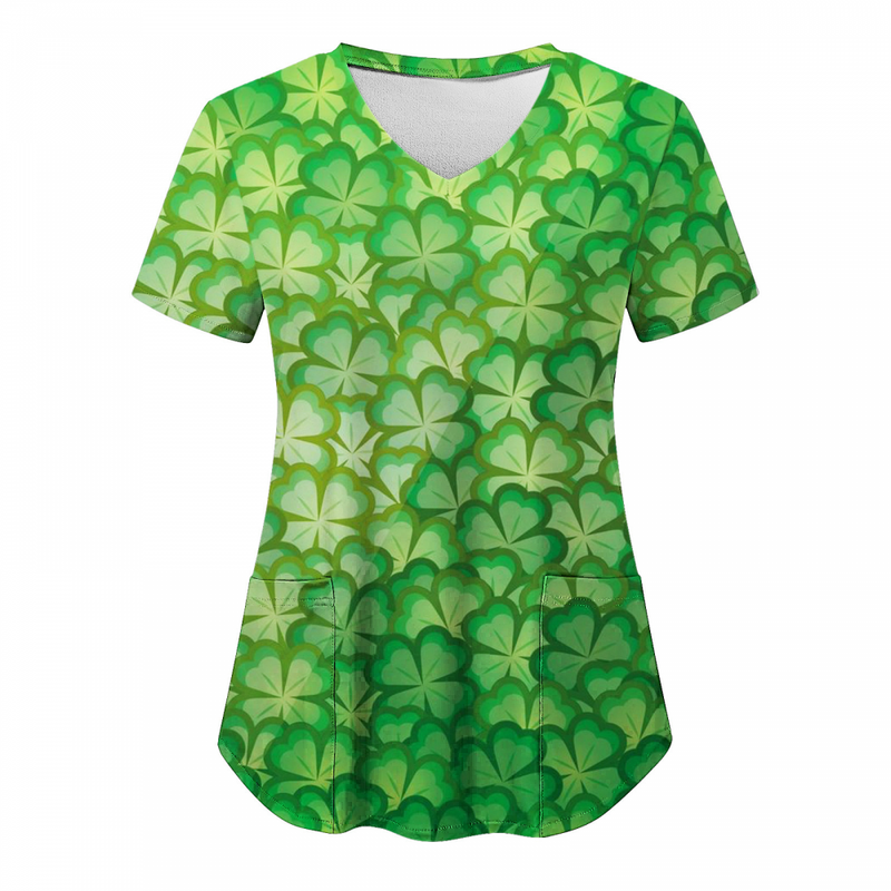 St.Patrick's Day Scrub Tops Casual V Neck Shamrock T Shirt with Pocket