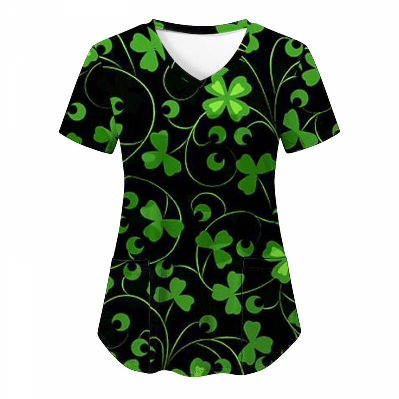 St.Patrick's Day Scrub Tops Casual V Neck Shamrock T Shirt with Pocket