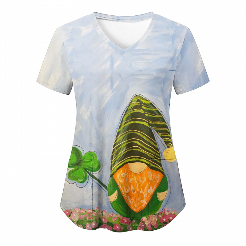 St.Patrick's Day Scrub Tops Casual V Neck Shamrock T Shirt with Pocket