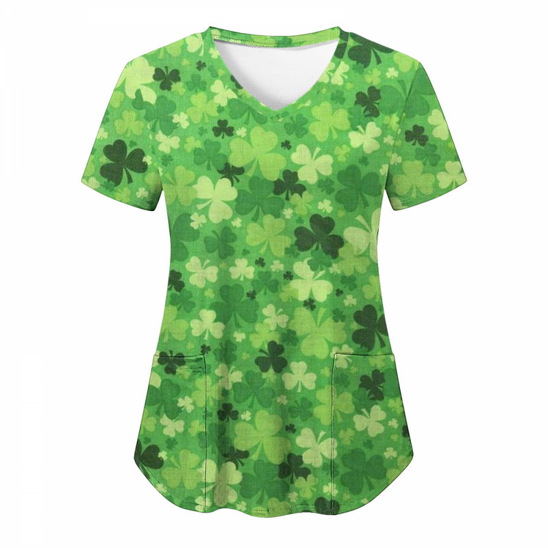 St.Patrick's Day Scrub Tops Casual V Neck Shamrock T Shirt with Pocket