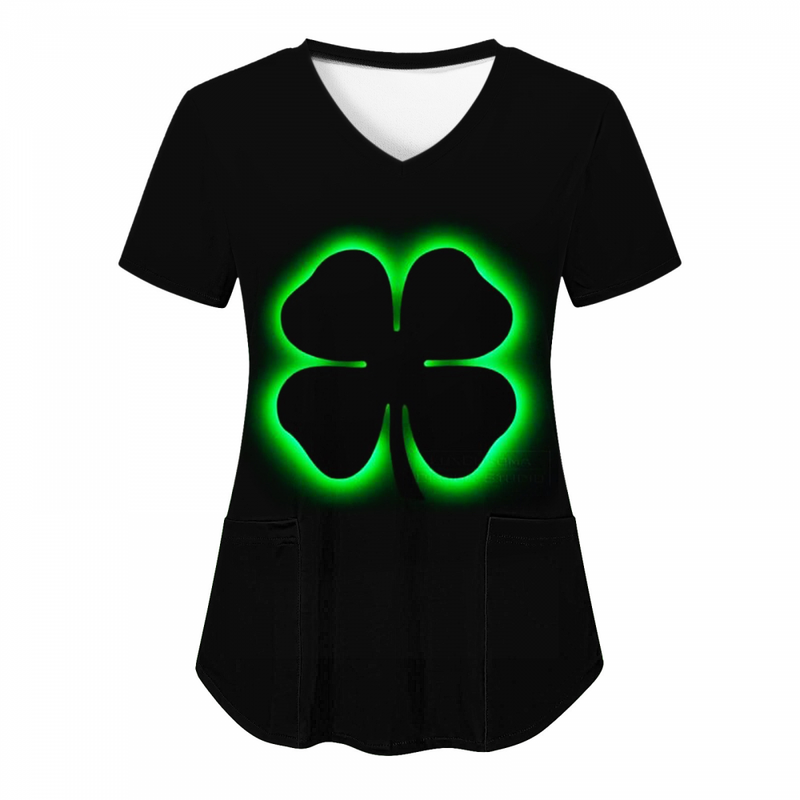 St.Patrick's Day Scrub Tops Casual V Neck Shamrock T Shirt with Pocket