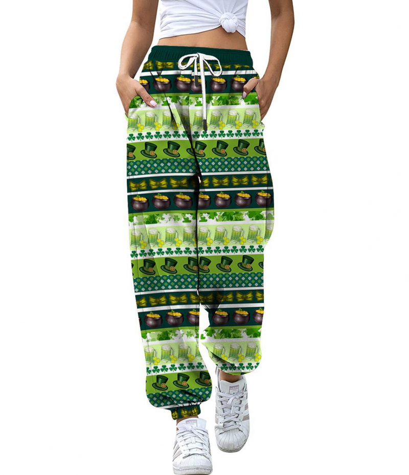 St Patricks Pants Casual Clover Printed High-waisted Drawstring Sweatpant