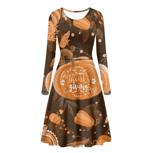 Thanksgiving Day Printed Women A Line Long Sleeve Daily Dress