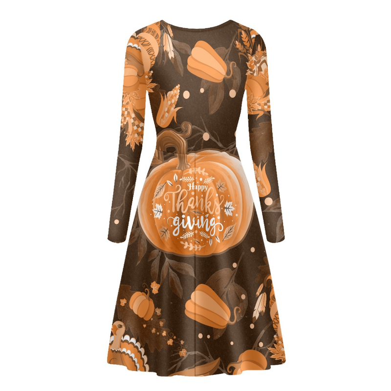 Thanksgiving Day Printed Women A Line Long Sleeve Daily Dress