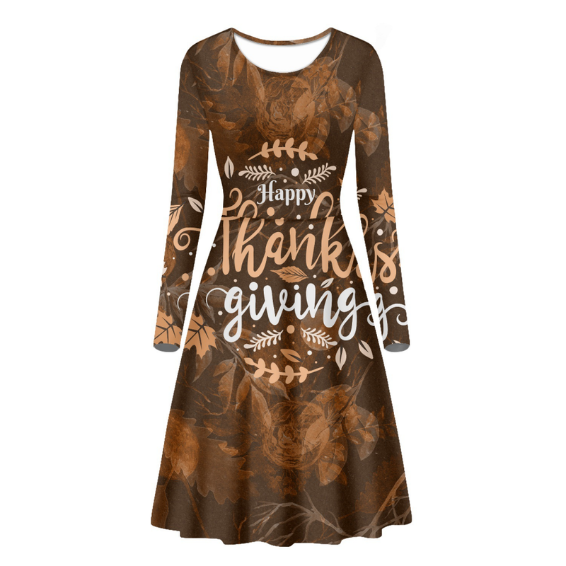 Thanksgiving Day Printed Women A Line Long Sleeve Daily Dress