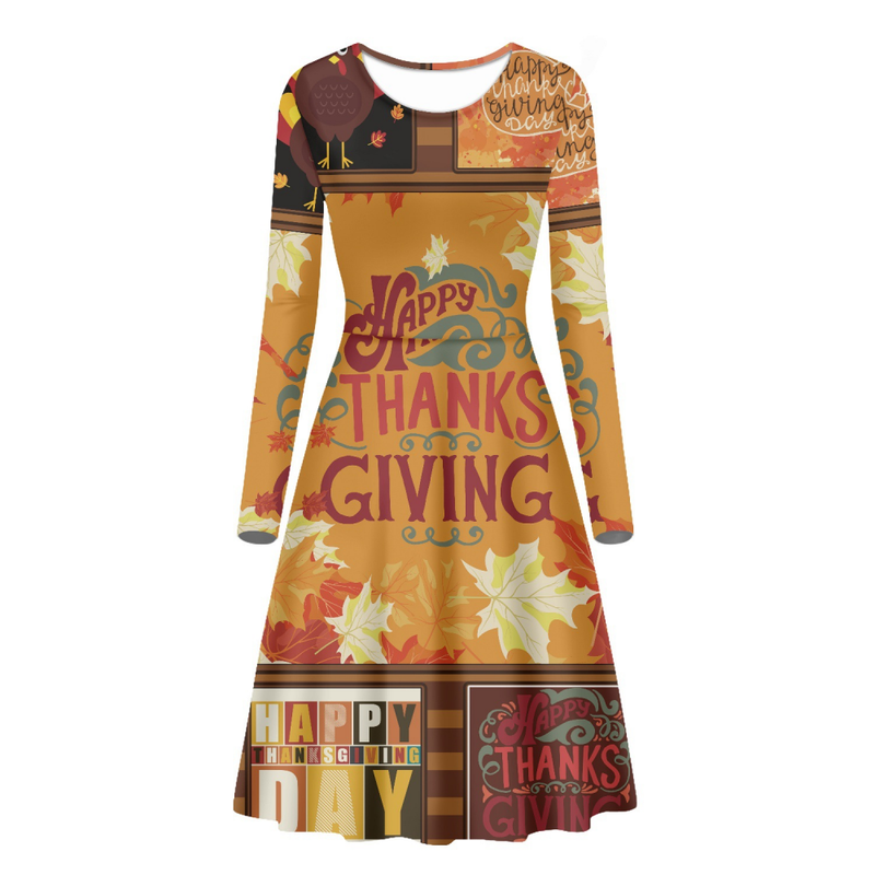 Thanksgiving Day Printed Women A Line Long Sleeve Daily Dress