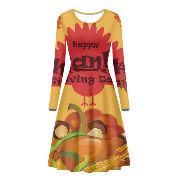 Thanksgiving Day Printed Women O Neck Long Sleeve Dress