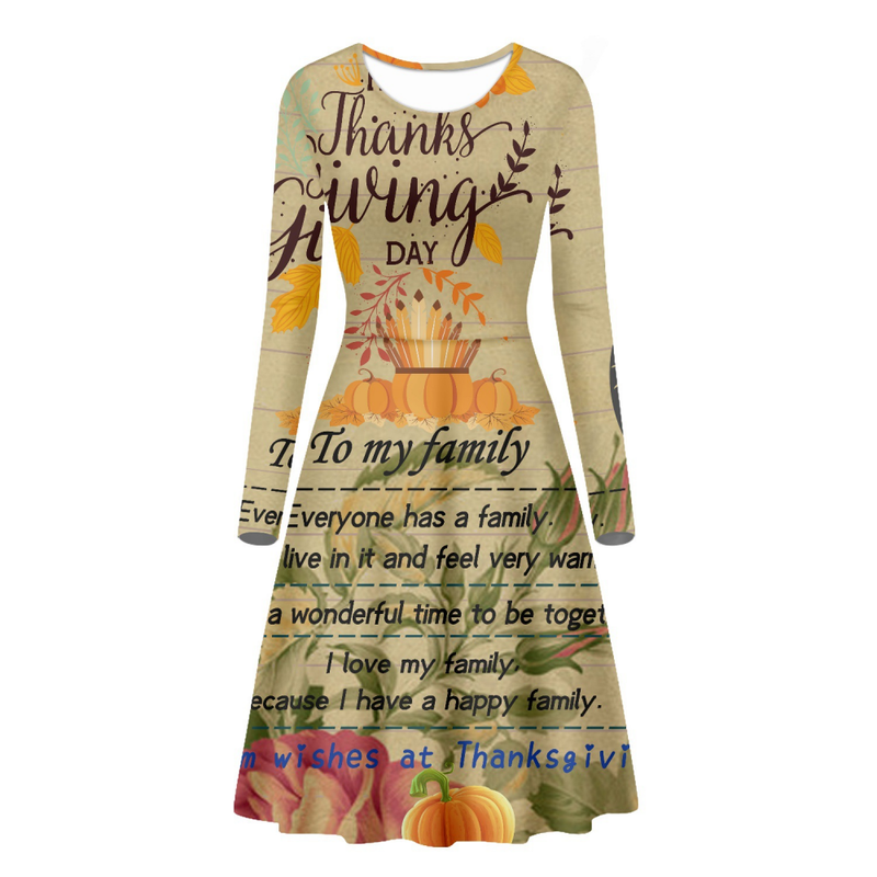 Thanksgiving Day Printed Women Round Neck Elegant Midi Dress