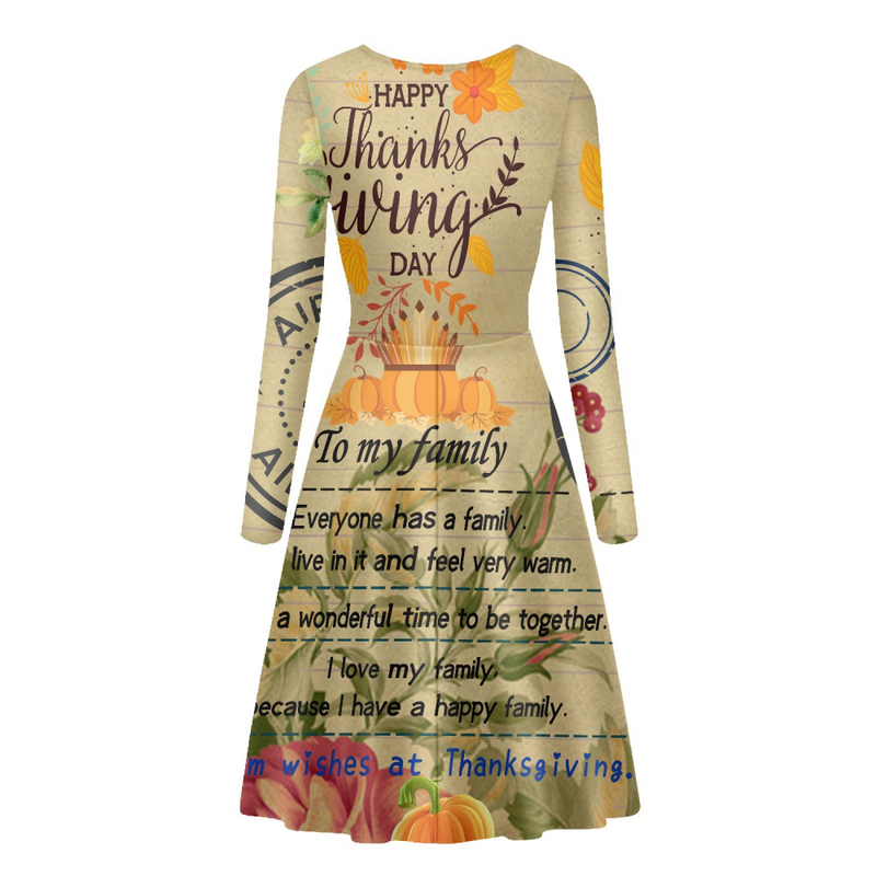 Thanksgiving Day Printed Women Round Neck Elegant Midi Dress