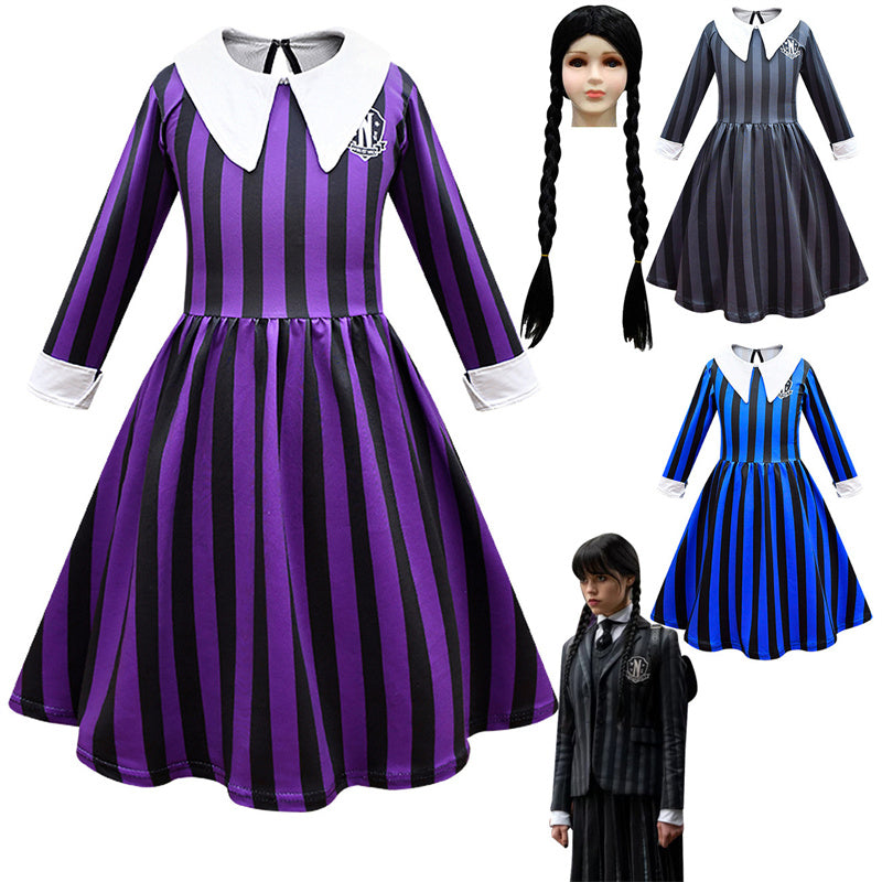 Kid Wednesday Addams Costume Girl Black Shirt Dress Paired with Terror Fake Hand Props