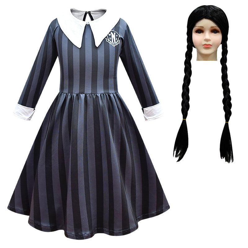 Kid Wednesday Addams Costume Girl Black Shirt Dress Paired with Terror Fake Hand Props