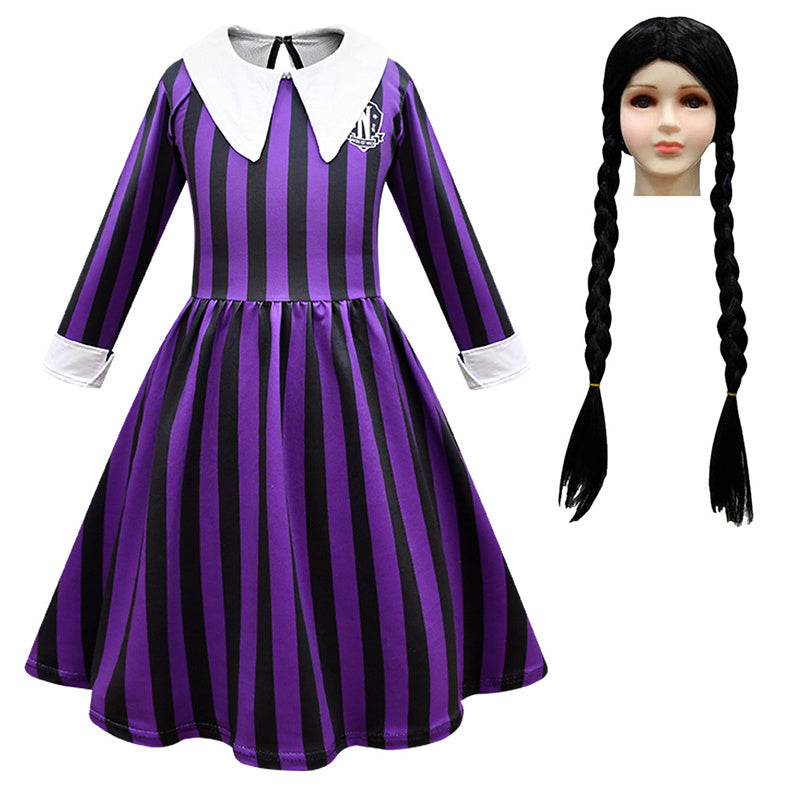 Kid Wednesday Addams Costume Girl Black Shirt Dress Paired with Terror Fake Hand Props