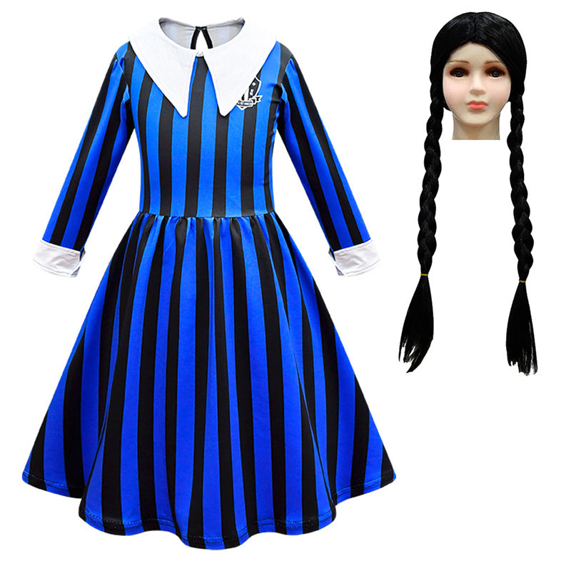 Kid Wednesday Addams Costume Girl Black Shirt Dress Paired with Terror Fake Hand Props