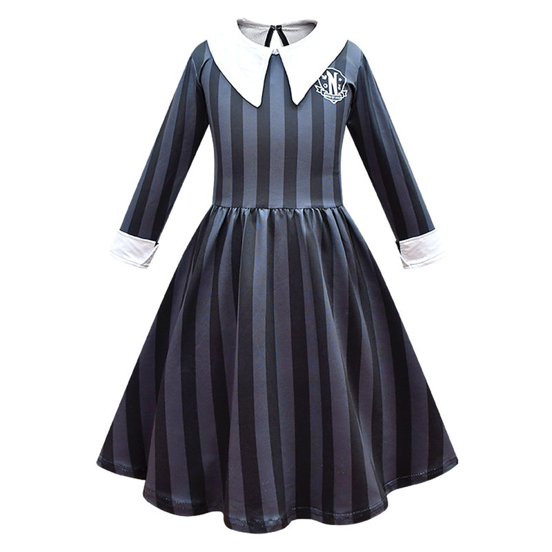 Kid Wednesday Addams Costume Girl Black Shirt Dress Paired with Terror Fake Hand Props