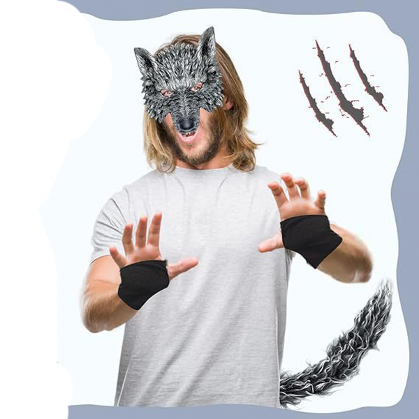 Realistic Wolf Mask Tail Costume Cosplay Adult Halloween Carnival Animal Clothing Halloween Michael Myers Cosplay Mask Horror Bloody Killer Demon Latex Helmet Costume Facepiece