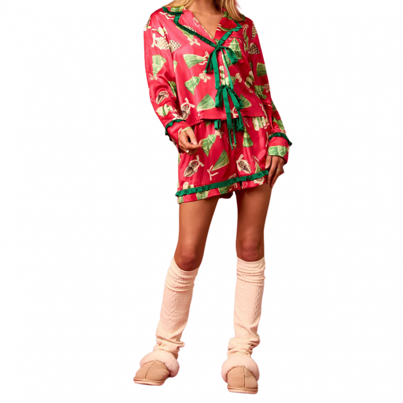 Women 2 Piece Xmas Jammies Christmas Pajamas Top Ruffle Shorts