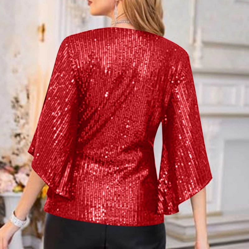 Women 3/4 Sleeve Glitter Sparkly Party Blouse V-Neck Dressy Sequin Tops