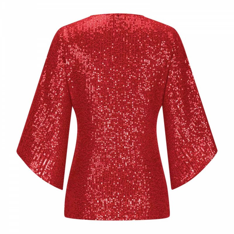 Women 3/4 Sleeve Glitter Sparkly Party Blouse V-Neck Dressy Sequin Tops