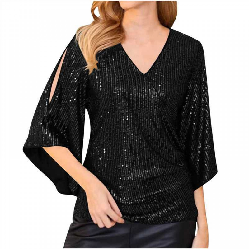 Women 3/4 Sleeve Glitter Sparkly Party Blouse V-Neck Dressy Sequin Tops