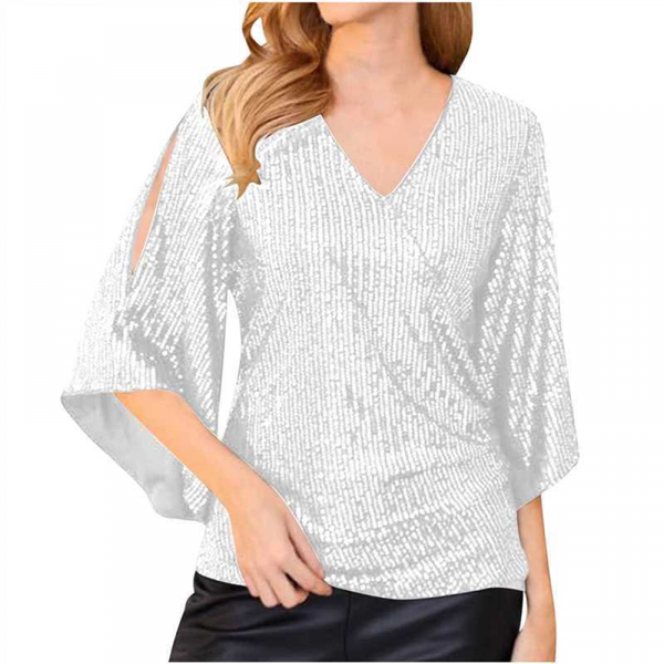 Women 3/4 Sleeve Glitter Sparkly Party Blouse V-Neck Dressy Sequin Tops