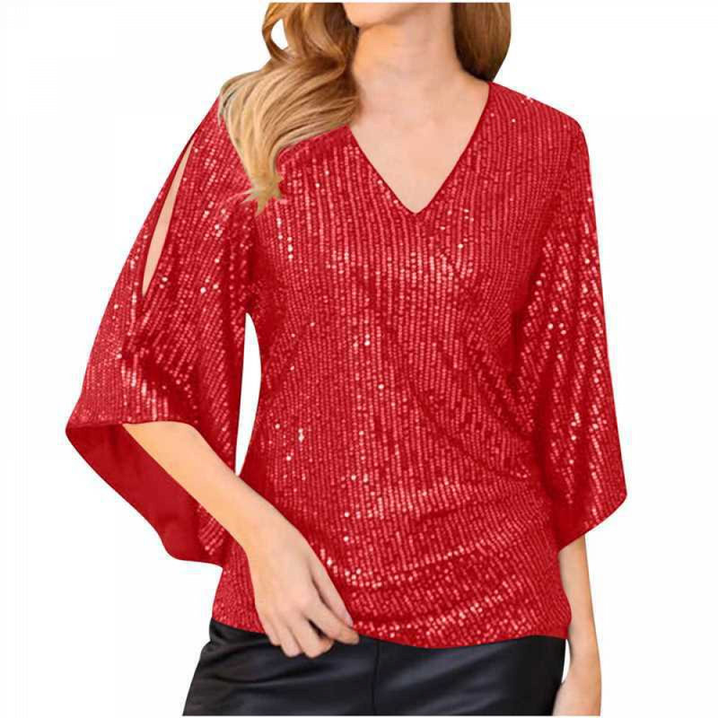 Women 3/4 Sleeve Glitter Sparkly Party Blouse V-Neck Dressy Sequin Tops