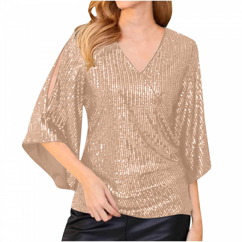 Women 3/4 Sleeve Glitter Sparkly Party Blouse V-Neck Dressy Sequin Tops