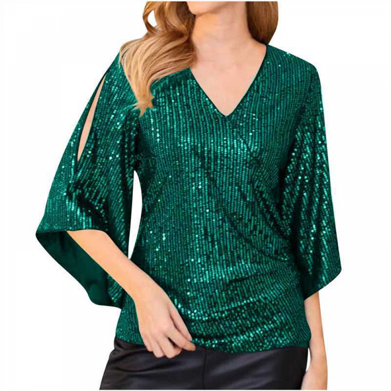 Women 3/4 Sleeve Glitter Sparkly Party Blouse V-Neck Dressy Sequin Tops