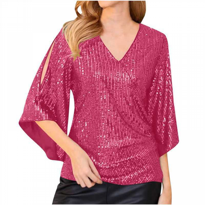 Women 3/4 Sleeve Glitter Sparkly Party Blouse V-Neck Dressy Sequin Tops