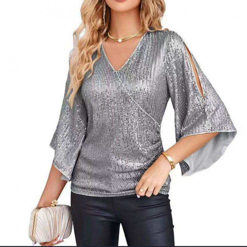 Women 3/4 Sleeve Glitter Sparkly Party Blouse V-Neck Dressy Sequin Tops