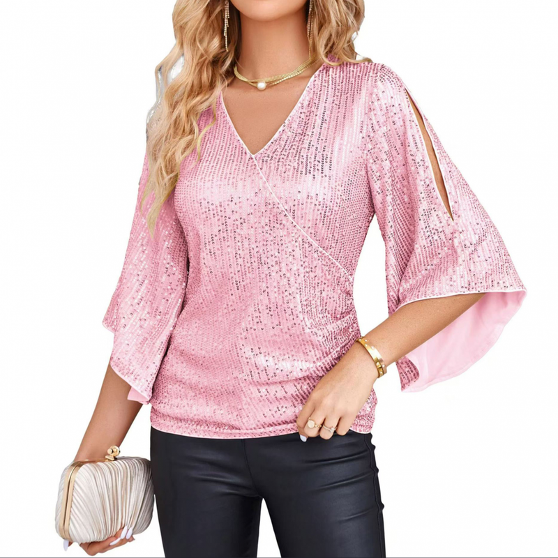 Women 3/4 Sleeve Glitter Sparkly Party Blouse V-Neck Dressy Sequin Tops