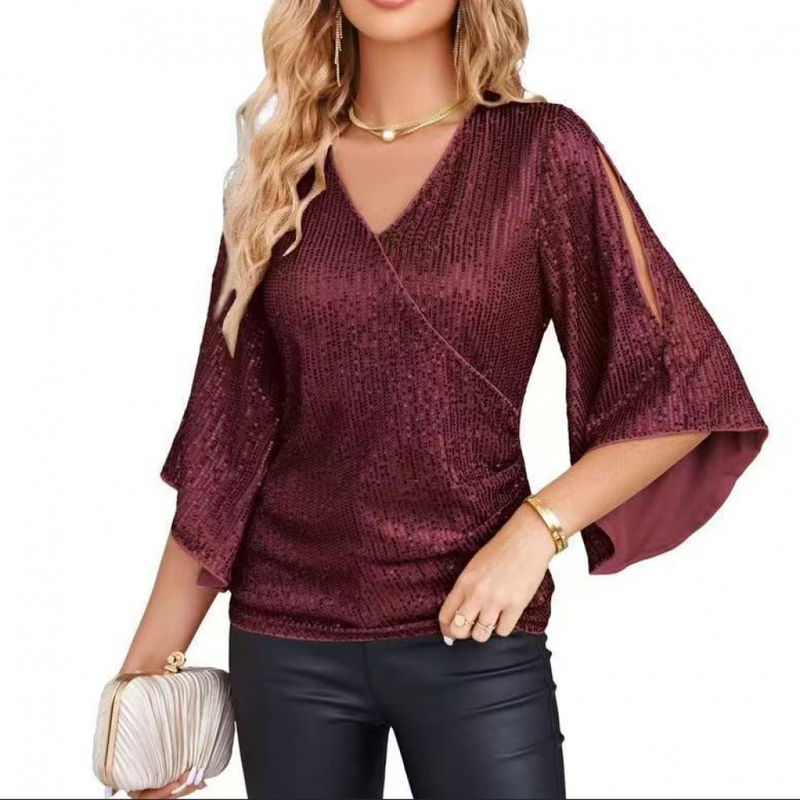 Women 3/4 Sleeve Glitter Sparkly Party Blouse V-Neck Dressy Sequin Tops