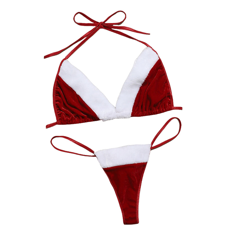 Women Adult Sexy Red Lingerie Bra Tanga Christmas Costume