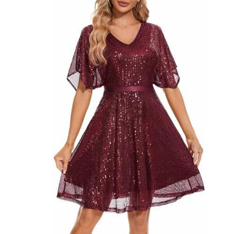 Women Bat Sleeves Glitter Sparkly Sequin Cocktail Evening Party Dress