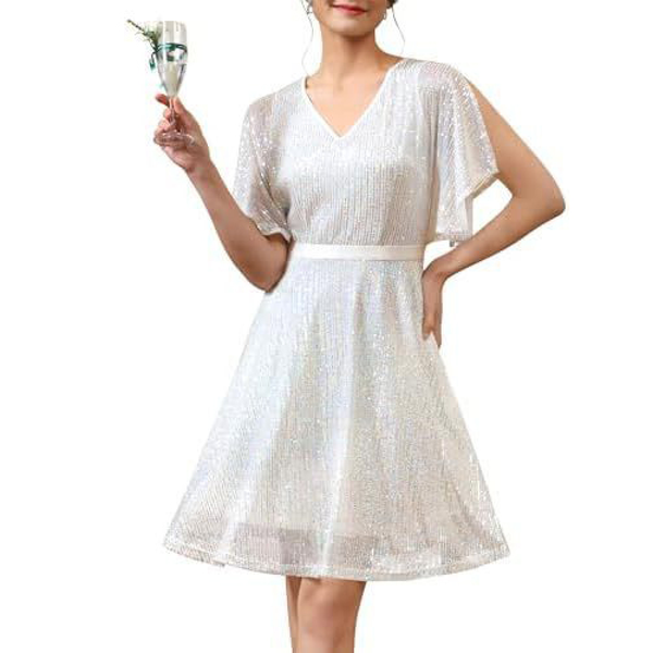 Women Bat Sleeves Glitter Sparkly Sequin Cocktail Evening Party Dress