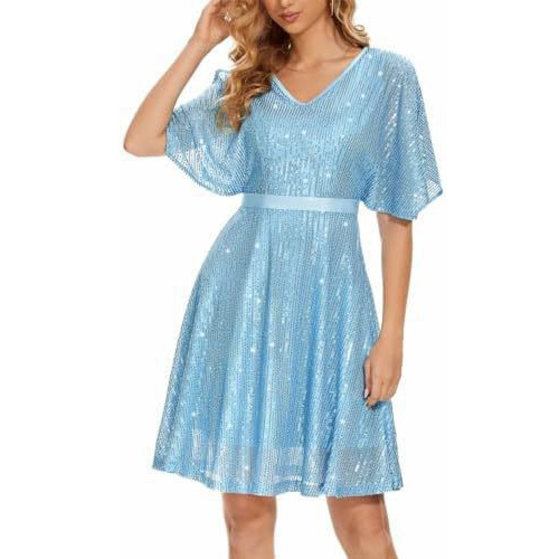 Women Bat Sleeves Glitter Sparkly Sequin Cocktail Evening Party Dress