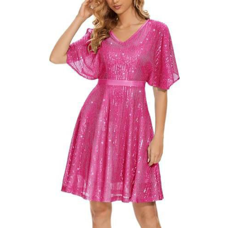 Women Bat Sleeves Glitter Sparkly Sequin Cocktail Evening Party Dress