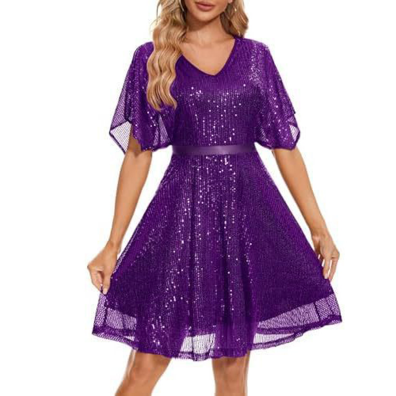 Women Bat Sleeves Glitter Sparkly Sequin Cocktail Evening Party Dress