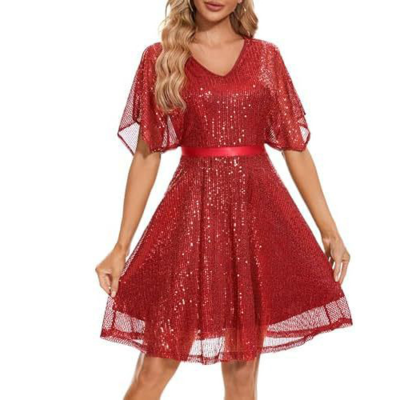 Women Bat Sleeves Glitter Sparkly Sequin Cocktail Evening Party Dress