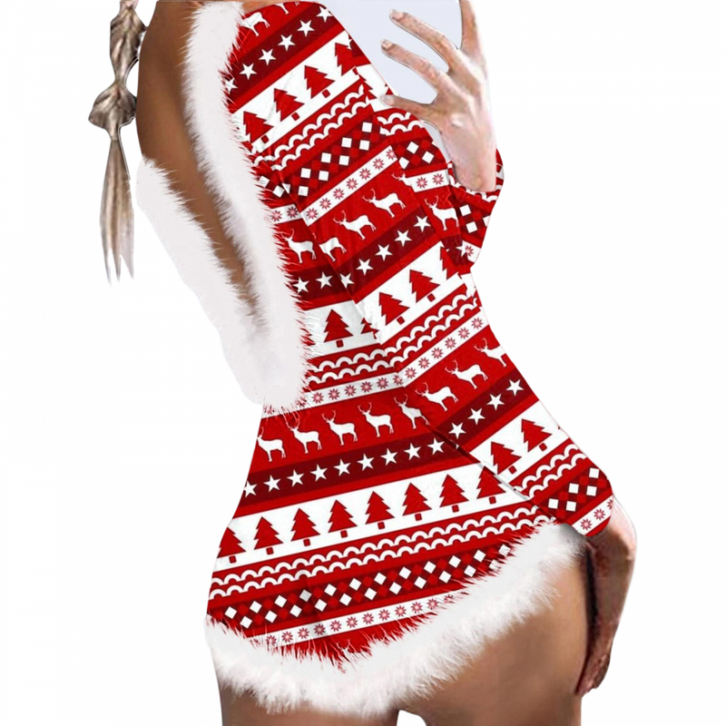 Women Christmas Bodysuit Long Sleeve Button Down V Neck Print Sleepwear