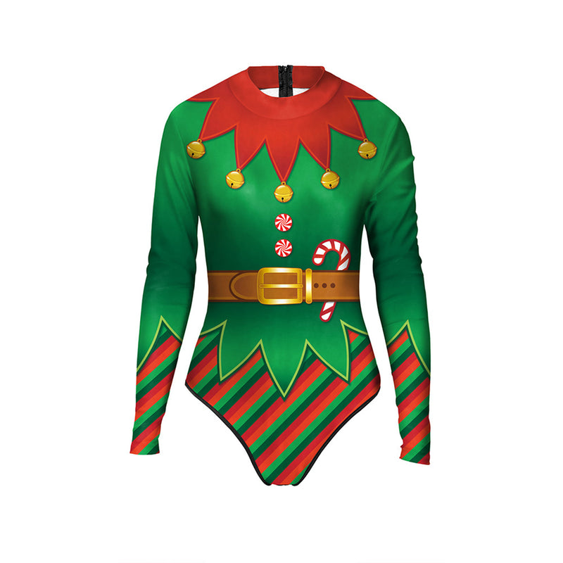 Women Christmas Green Swimsuit Long Sleeve 3D Printed Jumpsuit Swimwear