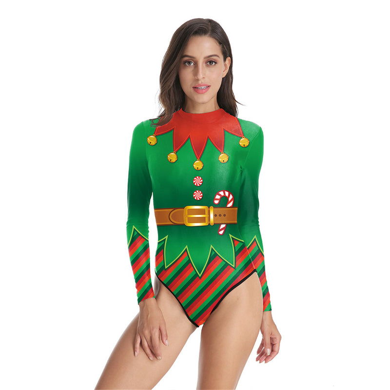 Women Christmas Green Swimsuit Long Sleeve 3D Printed Jumpsuit Swimwear