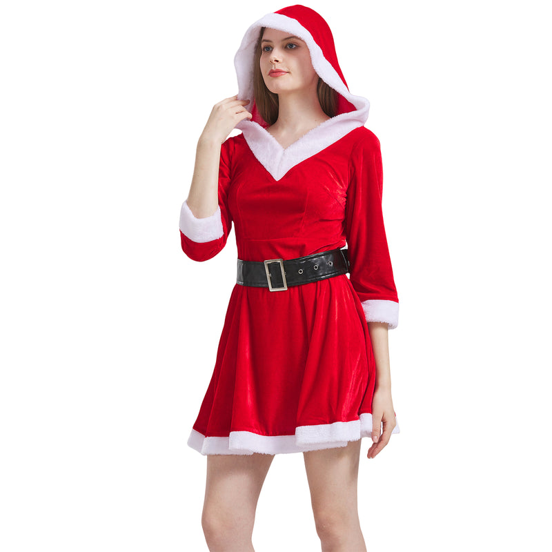 Women Christmas Party Event Cosplay Costume Hooded Red Dress