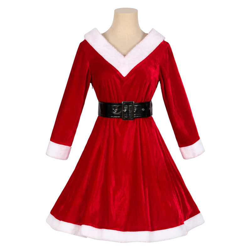 Women Christmas Party Event Cosplay Costume Hooded Red Dress