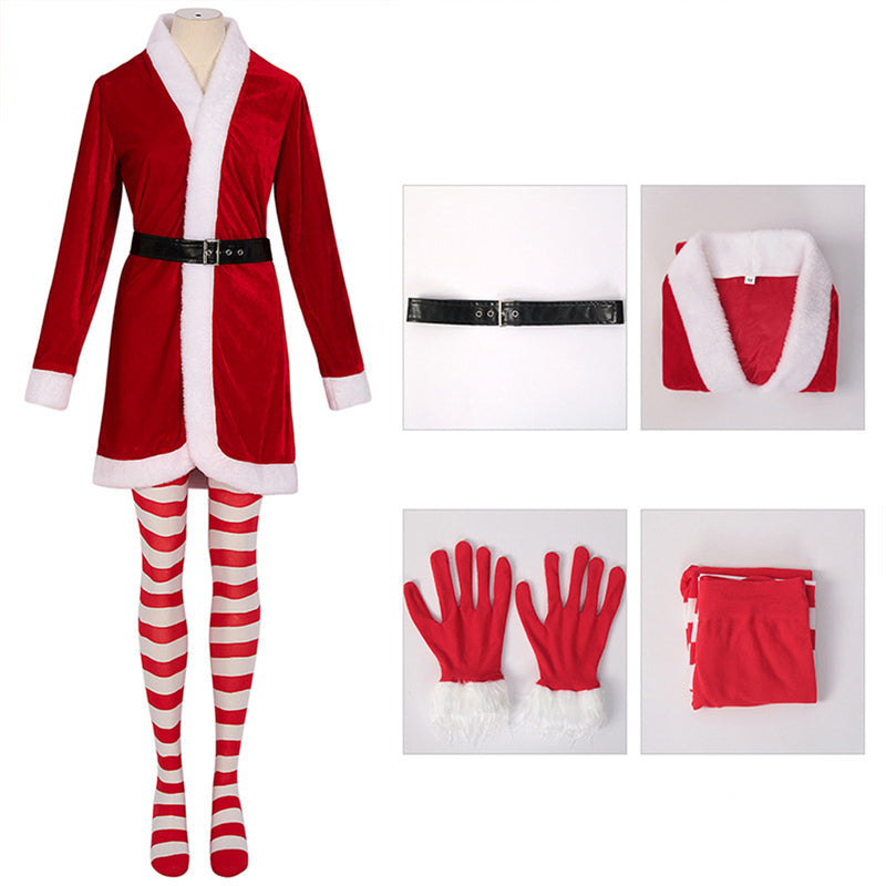 Women Christmas Party Event Cosplay Costume Red Coat Socks