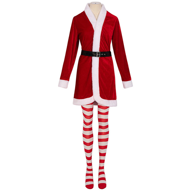 Women Christmas Party Event Cosplay Costume Red Coat Socks