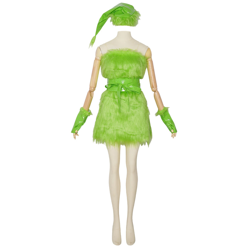 Women Christmas Plush Green Tight Dress Gloves Sashes Hat