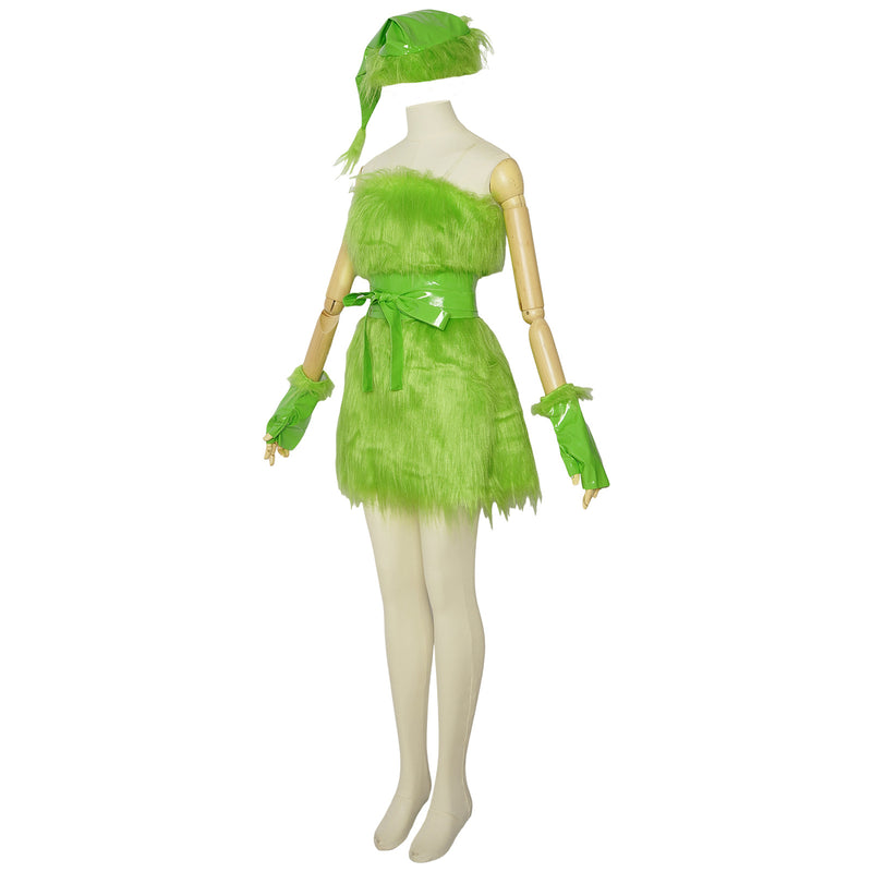 Women Christmas Plush Green Tight Dress Gloves Sashes Hat