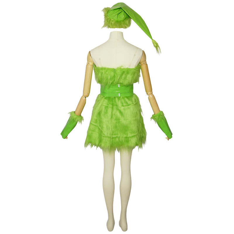 Women Christmas Plush Green Tight Dress Gloves Sashes Hat